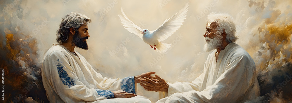 Angelic Robe Jesus Jesus and an elderly man in blue robes sitting on the ground with ...