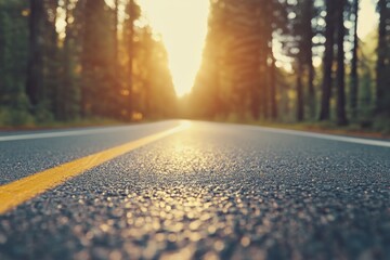 Wall Mural - Sunlight filtering through trees on a quiet forest road at sunset