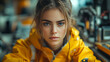 © Atmospheric stock - Young caucasian female with intense gaze in yellow jacket indoors