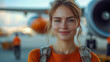 © Atmospheric stock - Smiling female caucasian young adult traveler at airport with airplane in background