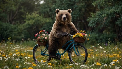 Canvas Print - Bear riding a bicycle surrounded by flowers.