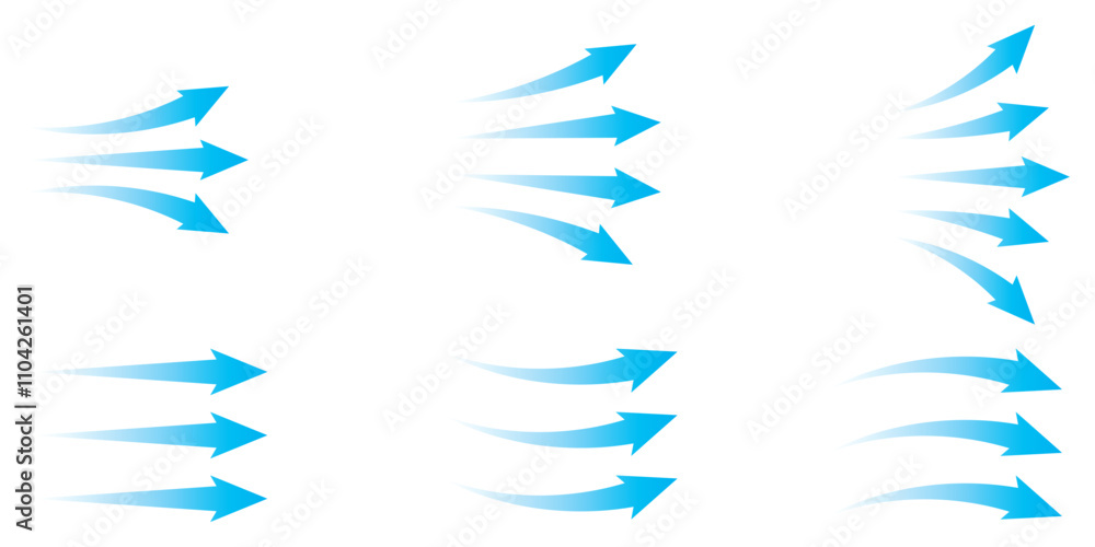 Set of blue arrow showing air flow. Air flow vector illustration, blue ...