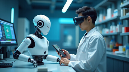 Researcher with virtual reality glasses trains a humanoid robot in a futuristic laboratory. Scientist interacting with humanoid robot in artificial intelligence and robotics laboratory