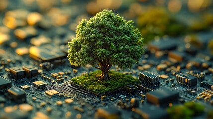 Wall Mural - majestic tree on circuit board symbolizing nature and technology integration