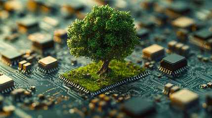 Wall Mural - harmony of nature and technology: tree growing on circuit board