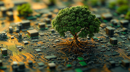 Wall Mural - lush tree growing from complex circuit board in a symbolic fusion of nature and technology