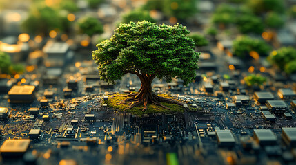 Wall Mural - tree growing on microchip circuit board representing technology and nature integration