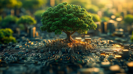 Wall Mural - tree growing from circuitry in urban setting with morning light