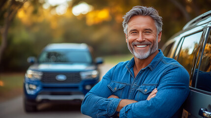 Wall Mural - Mature caucasian male smiling outdoors near car in denim jacket