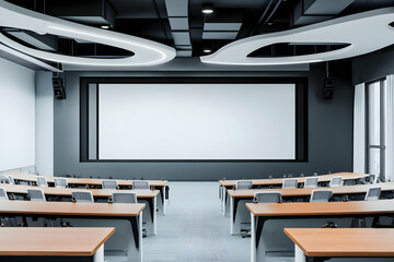 Wall Mural - Office interior signage mockups - Modern seminar room with rows of desks and a large screen for presentations.