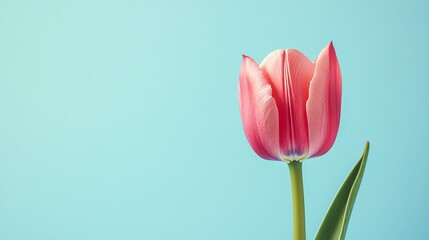 A vibrant pink tulip against a soft pastel blue backdrop, close-up shot, Minimalist style