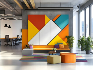 Wall Mural - Office interior signage mockups - Modern office lounge with vibrant geometric wall art and colorful seating.