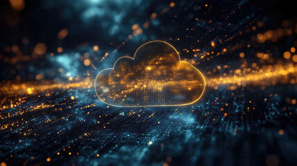 Digital informational technology web futuristic hologram with cloud icon, blue golden light digits and code background, cloud computing. Abstract Motion of digital data flow. Generative AI