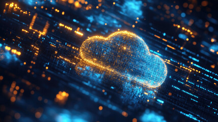 Digital informational technology web futuristic hologram with cloud icon, blue golden light digits and code background, cloud computing. Abstract Motion of digital data flow. Generative AI
