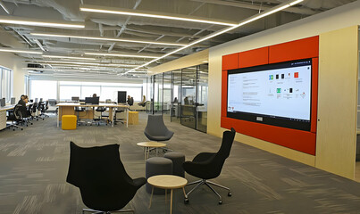 Wall Mural - Office interior signage mockups - Modern office space with collaborative seating and technology for teamwork.