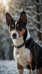 Wall Mural - Black and white Basenji dog on a wintery background.