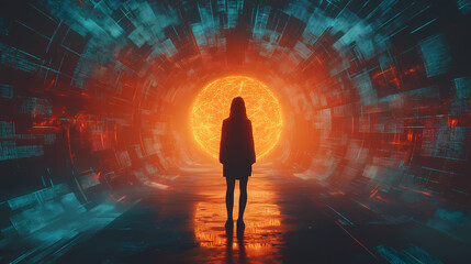 glowing matrix grid, intertwining fiber optics, celestial orb as central figure, transcendent spirit
