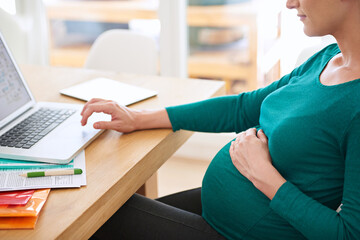 Pregnant woman, hands or online browsing with laptop for research, information or schedule at home. Female person, freelancer or pregnancy with computer for web search or maternity plan at house