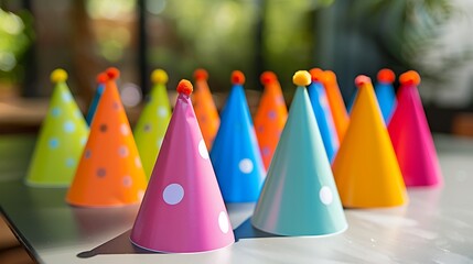 a colorful array of party hats on a festive table