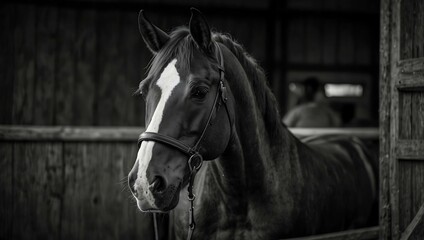 Canvas Print - Black-and-white photo of rider and horse in stable before event.