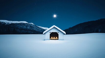 Wall Mural - Snowy night with illuminated cabin under starry sky and bright star