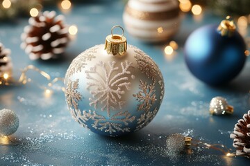 A stunning blue and white ornament adorned with delicate snowflakes, capturing the essence of a winter wonderland and the joy of Christmas.