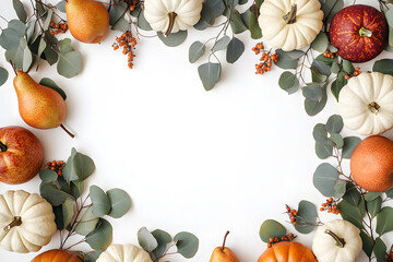 Canvas Print - Autumn floral frame, web banner. Garland of berry eucalyptus leaves, branches, pear fruit, orange and white pumpkins isolated on white table background. Fall, Thanksgiving design. Flat lay, top view.