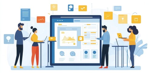 A UX developer and UI designer use augmented reality to brainstorm a mobile app interface wireframe design on a desk in a modern office, part of a creative digital development agency