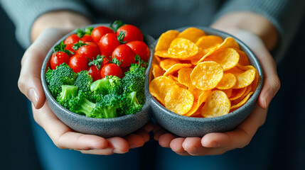 Wall Mural - Healthy vegetables and chips in bowls held by caucasian female adult