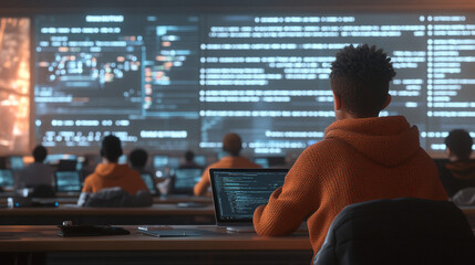 Programmers coding on laptops  large screen displays  software development team