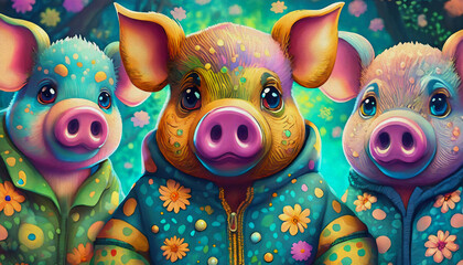 Poster - oil painting style cartoon character illustration multicolored baby pigs heads 