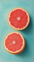 Canvas Print - Bright grapefruit halves with vibrant colors and green leaves situated on a light background