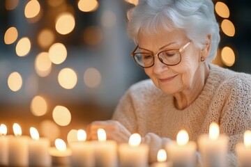 Poster - Elderly woman enjoying quiet moment with candles in softly lit room during festive season