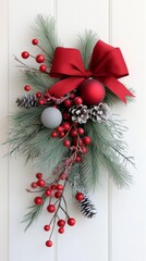 Wall Mural - Decorative holiday wreath with red bow and festive ornaments for seasonal celebration