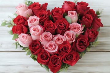 Canvas Print - Heart shaped arrangement of red and pink roses on a wooden surface for special occasions