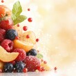 © nattapon - A vibrant assortment of fresh fruits including strawberries, blueberries, and raspberries, splashed with water droplets against a soft, warm background, Perfect for health, wellness