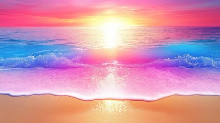 Wall Mural - Vibrant Sunset Over Calming Ocean Waves on Sandy Beach Shoreline