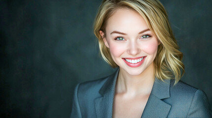 Smiling caucasian female adult with blonde hair in grey jacket