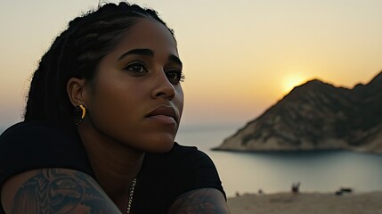 Wall Mural - Thoughtful Woman Gazing at Sunset Over Calm Ocean Landscape