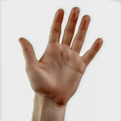 close-up of a male caucasian adult hand raised with palm facing forward