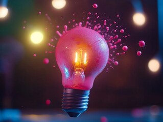 Fototapete - This artwork features a vibrant light bulb splattered with neon paint, set against a dark backdrop. Illuminated droplets appear to hover, creating a dynamic visual effect