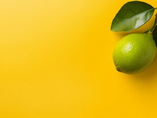 Poster - A fresh lime sits against a vibrant yellow background, accented by a green leaf that casts a natural shadow, creating a dynamic and colorful composition ideal for design use