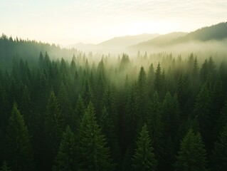 Aufkleber - The tranquil evergreen forest is blanketed in morning mist, creating a captivating, nostalgic ambiance as the soft light peeks through the trees