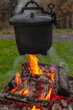 a cauldron over a burning fire