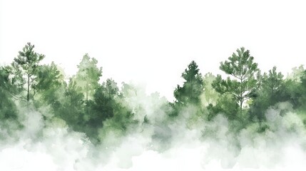 Poster -  a watercolor painting of a forest with lush green trees and white clouds in the background The trees are painted in shades of green and the background is a bright