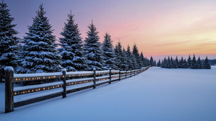 Wall Mural - Snowy pine trees and illuminated fence in winter sunset landscape