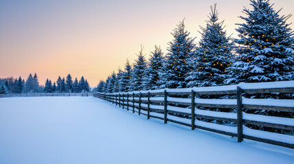 Wall Mural - Snow-covered evergreen trees at sunrise with wooden fence in winter landscape