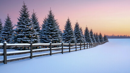 Wall Mural - Snow-covered pine trees at sunset with wooden fence and colorful sky