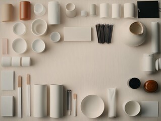 Aufkleber - This composition showcases a variety of white ceramics, stationery, and household objects, all arranged neatly on a soft beige surface, enhancing a tranquil and minimalist style