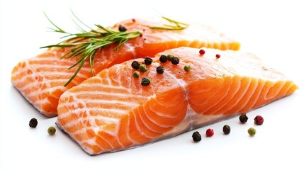  two raw salmon fillets with dill and peppercorns on a white background The salmon is a light pink color and the dill is a bright green The peppercorn is a dark br